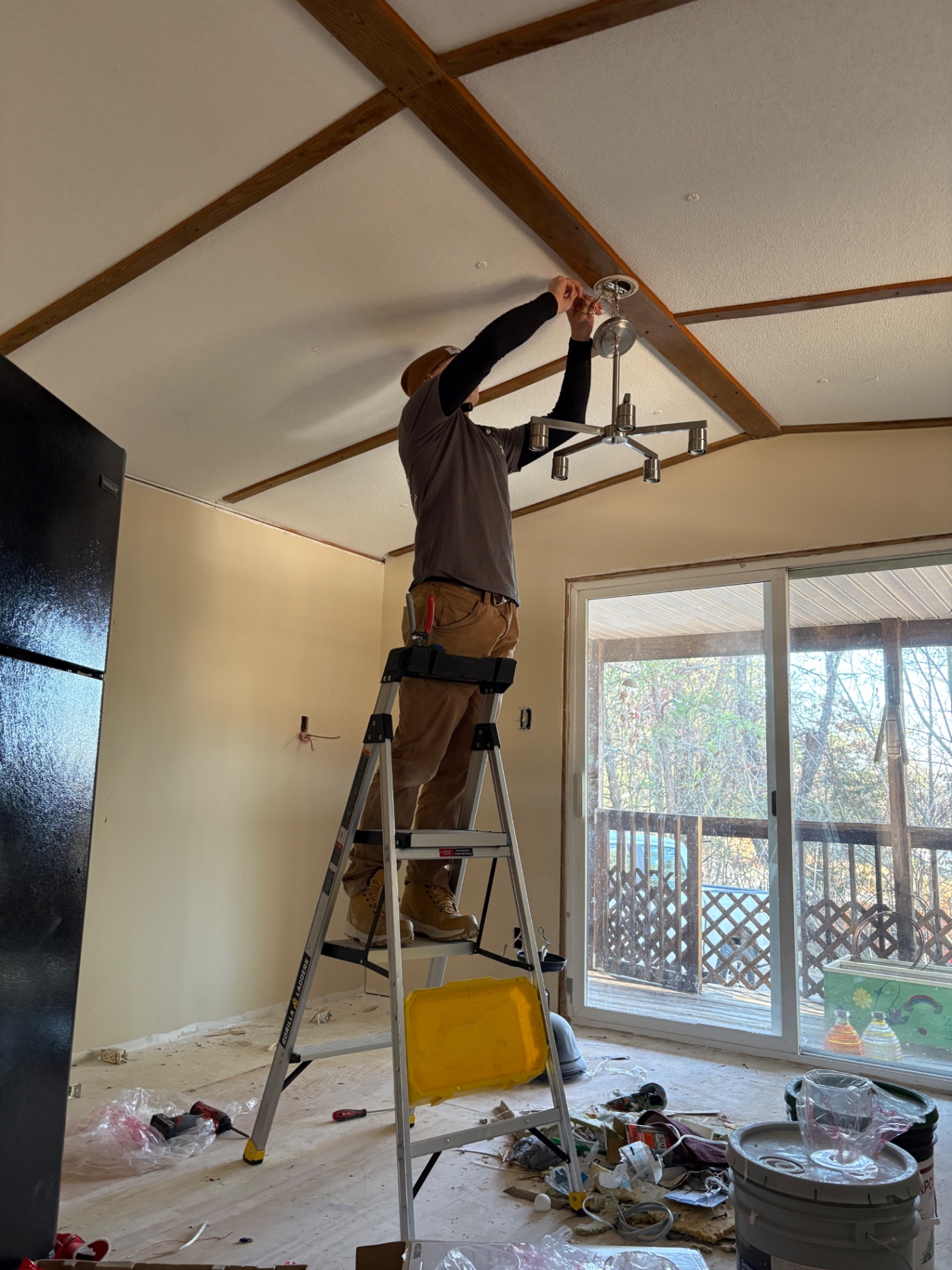 Chandelier swap, vaulted ceiling