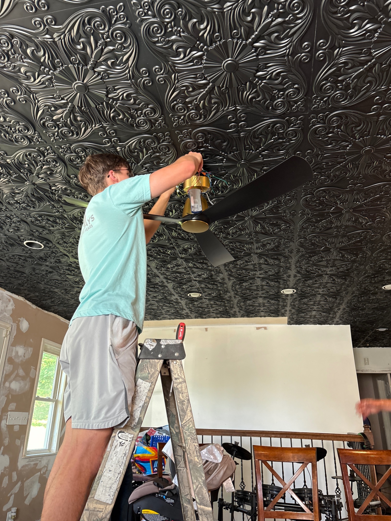 Ceiling fan, decorative tin ceiling